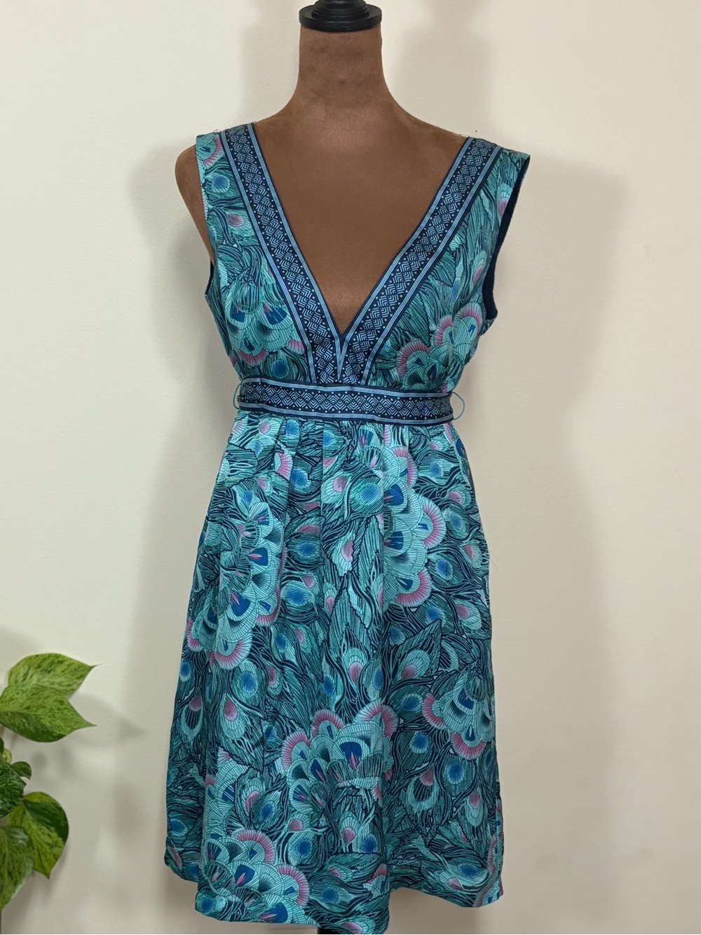 H&M Teal Peacock-Print V-Neck Midi Dress